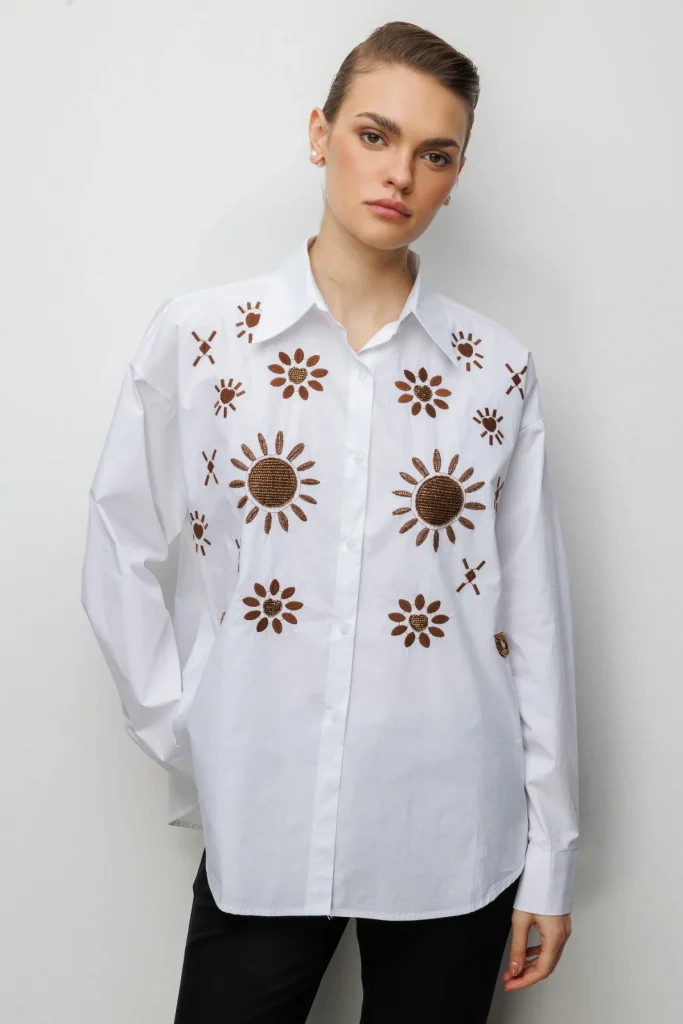 EKOL Taş İşlemeli Desenli Pamuk Gömlek 2820 - Beyaz