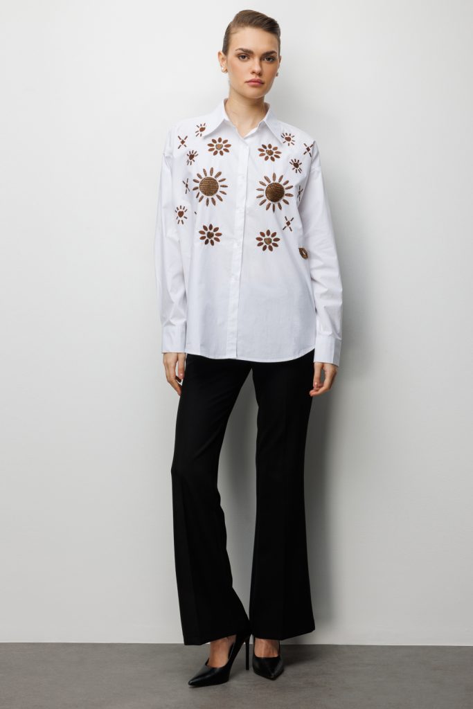 EKOL Taş İşlemeli Desenli Pamuk Gömlek 2820 - Beyaz