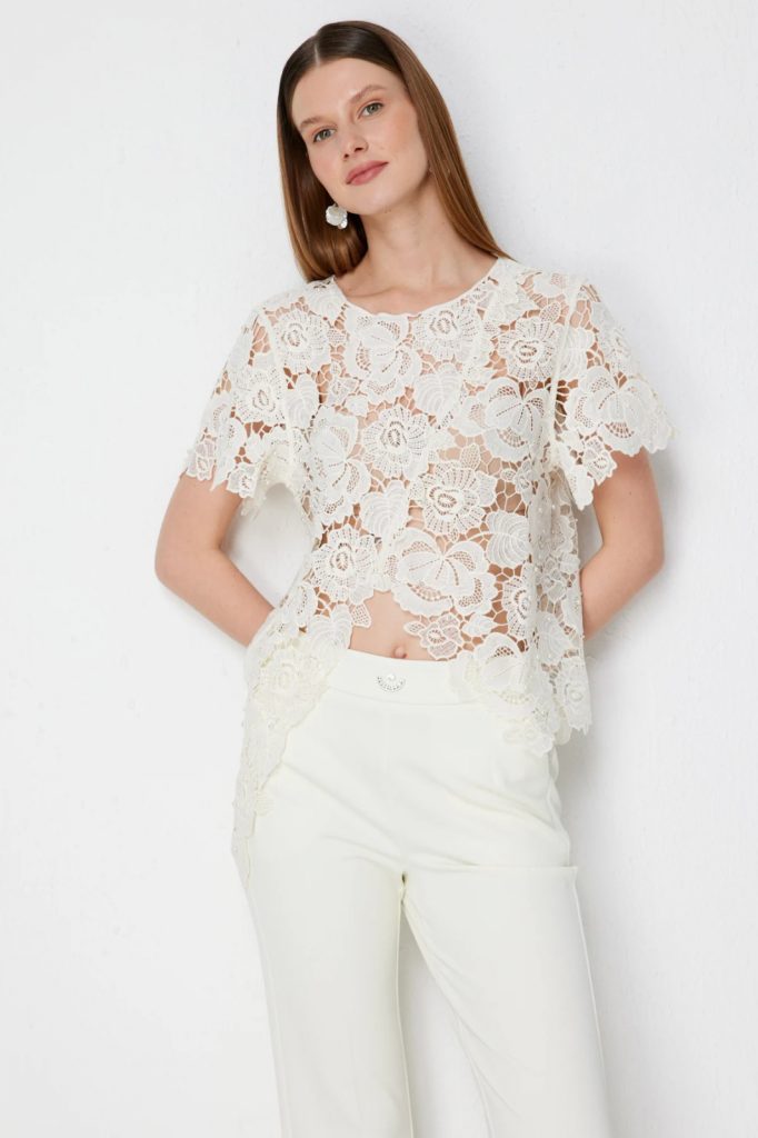 EKOL Asimetrik Kesim Dantelli Bluz2864