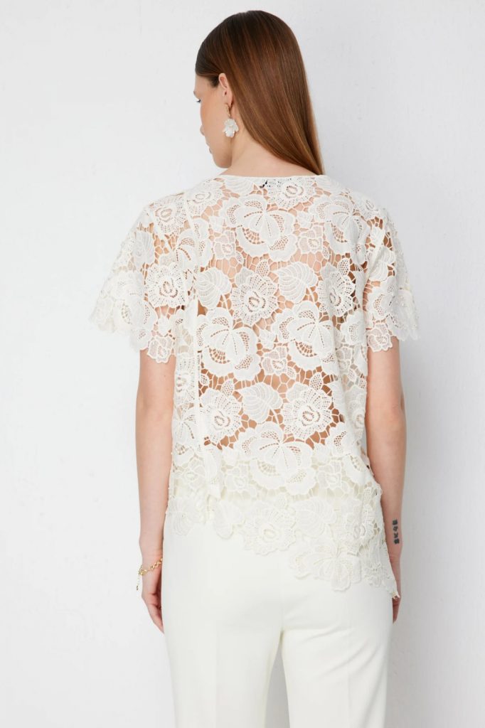 EKOL Asimetrik Kesim Dantelli Bluz2864 - EKRU
