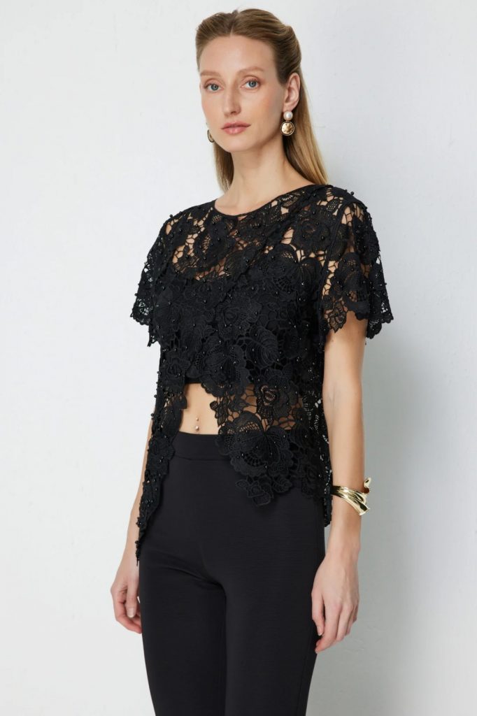 EKOL Asimetrik Kesim Dantelli Bluz2864 - Siyah