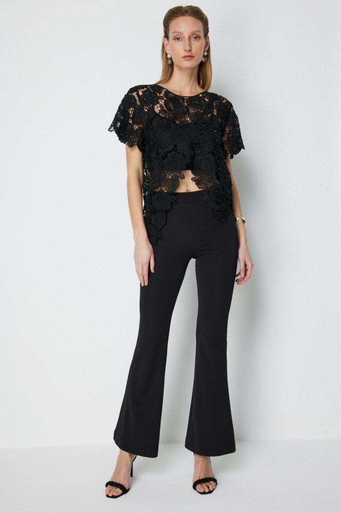 EKOL Asimetrik Kesim Dantelli Bluz2864 - Siyah