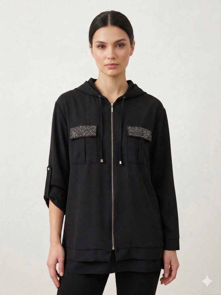 EKOL Cep Detaylı Kapuşonlu Ceket 1686 - Siyah