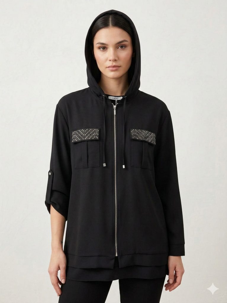 EKOL Cep Detaylı Kapuşonlu Ceket 1686 - Siyah