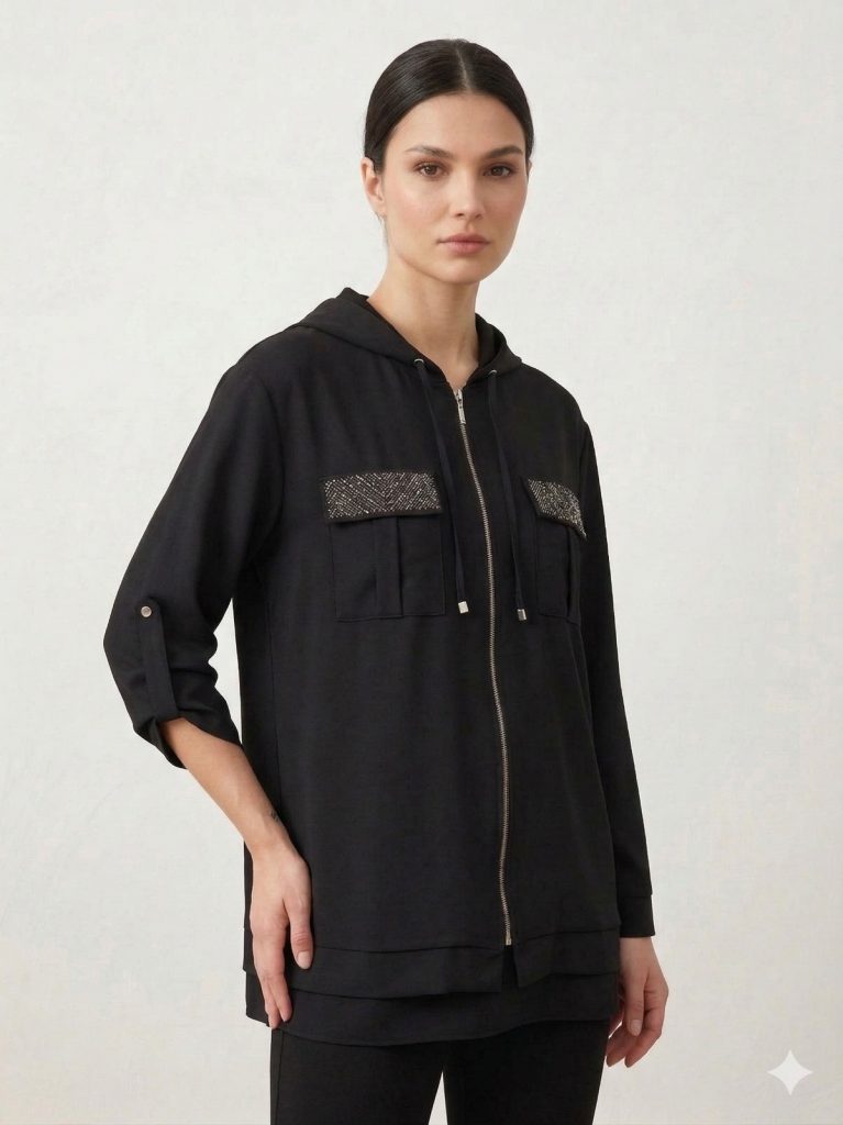 EKOL Cep Detaylı Kapuşonlu Ceket 1686 - Siyah