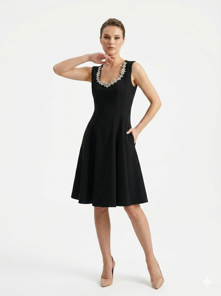 EKOL Yakası Taşlı Mini Elbise 6038 - Siyah