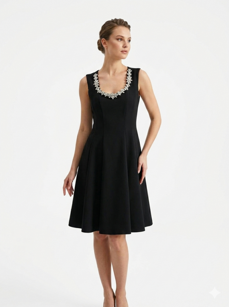 EKOL Yakası Taşlı Mini Elbise 6038 - Siyah