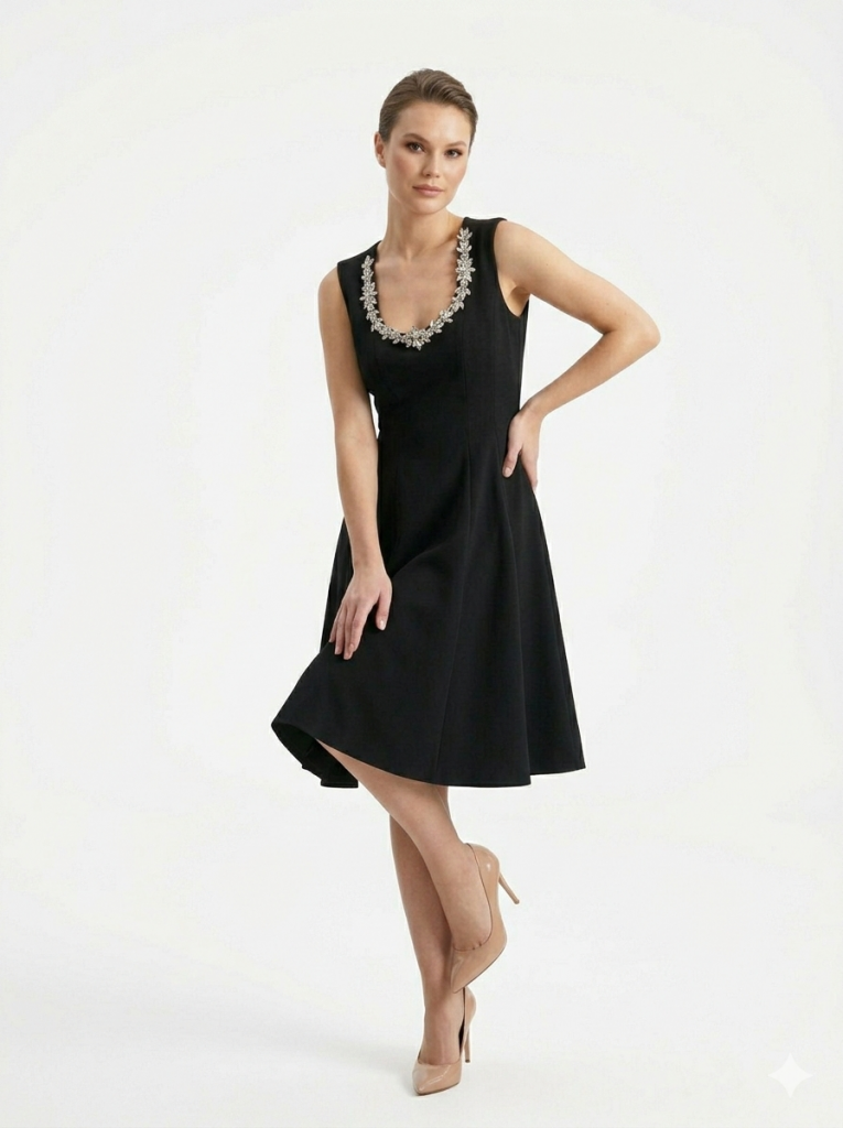 EKOL Yakası Taşlı Mini Elbise 6038 - Siyah