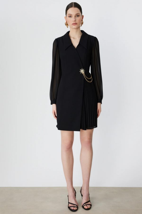 EKOL Metal Aksesuarlı Kolları Tül Mini Elbise 6048