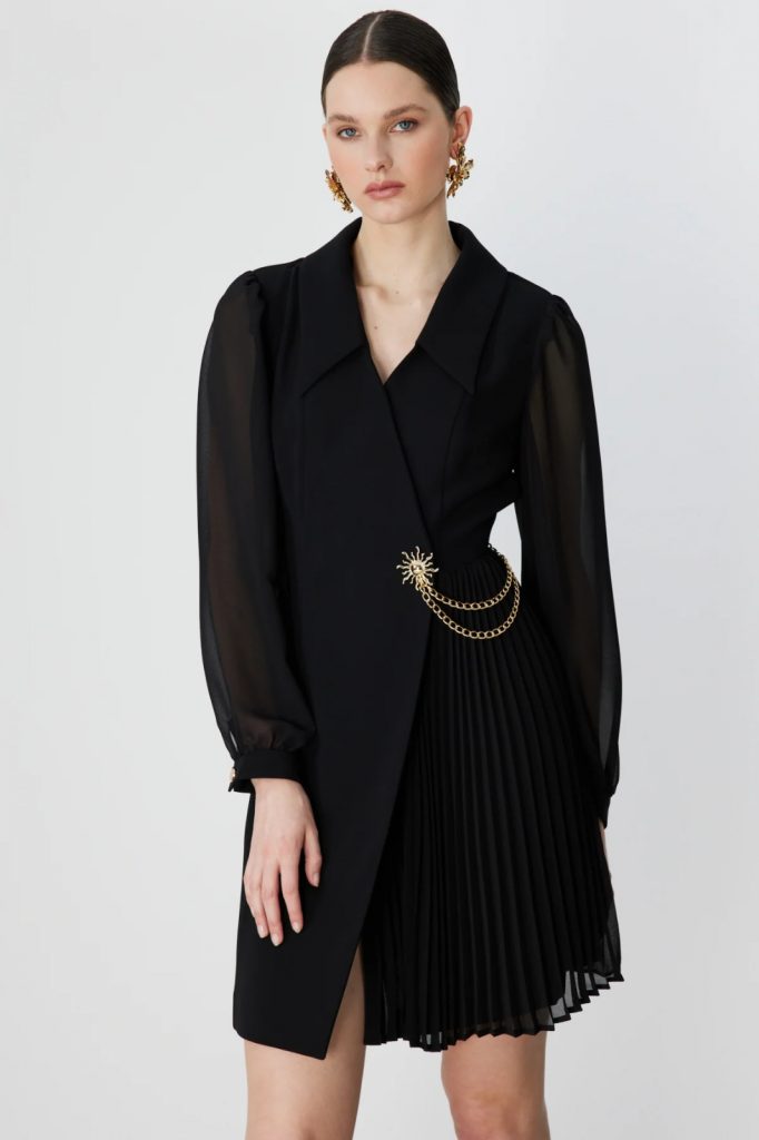 EKOL Metal Aksesuarlı Kolları Tül Mini Elbise 6048 - Siyah