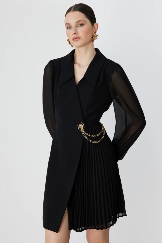 EKOL Metal Aksesuarlı Kolları Tül Mini Elbise 6048 - Siyah