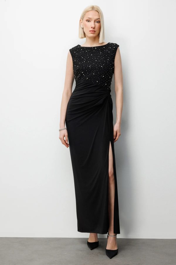 EKOL Taş İşlemeli Yırtmaç Detaylı Maxi Elbise 6100