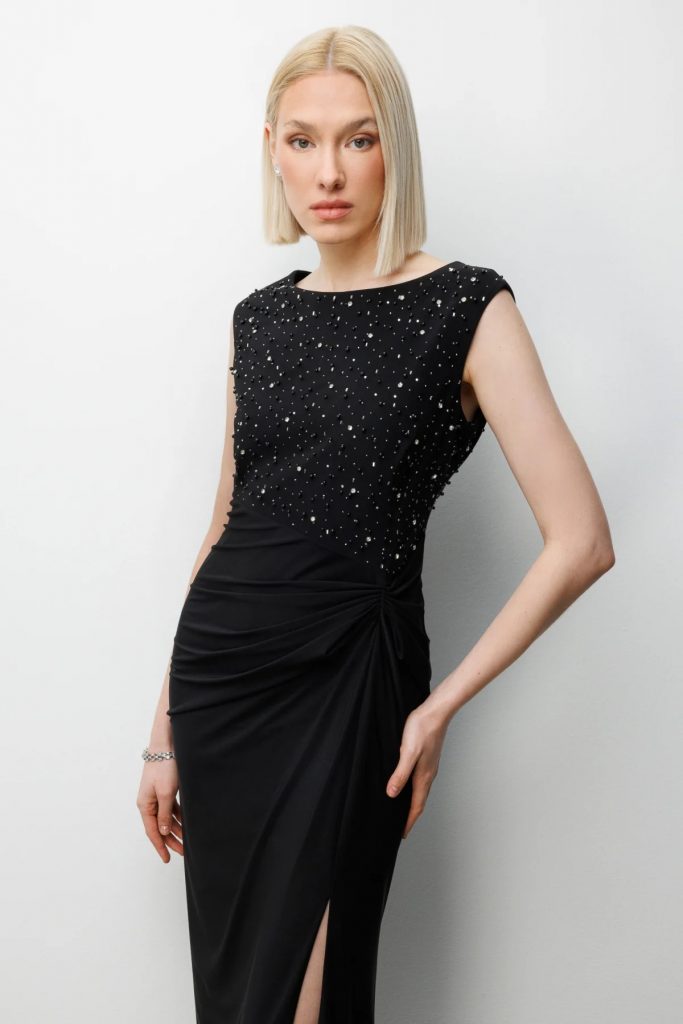 EKOL Taş İşlemeli Yırtmaç Detaylı Maxi Elbise 6100 - Siyah