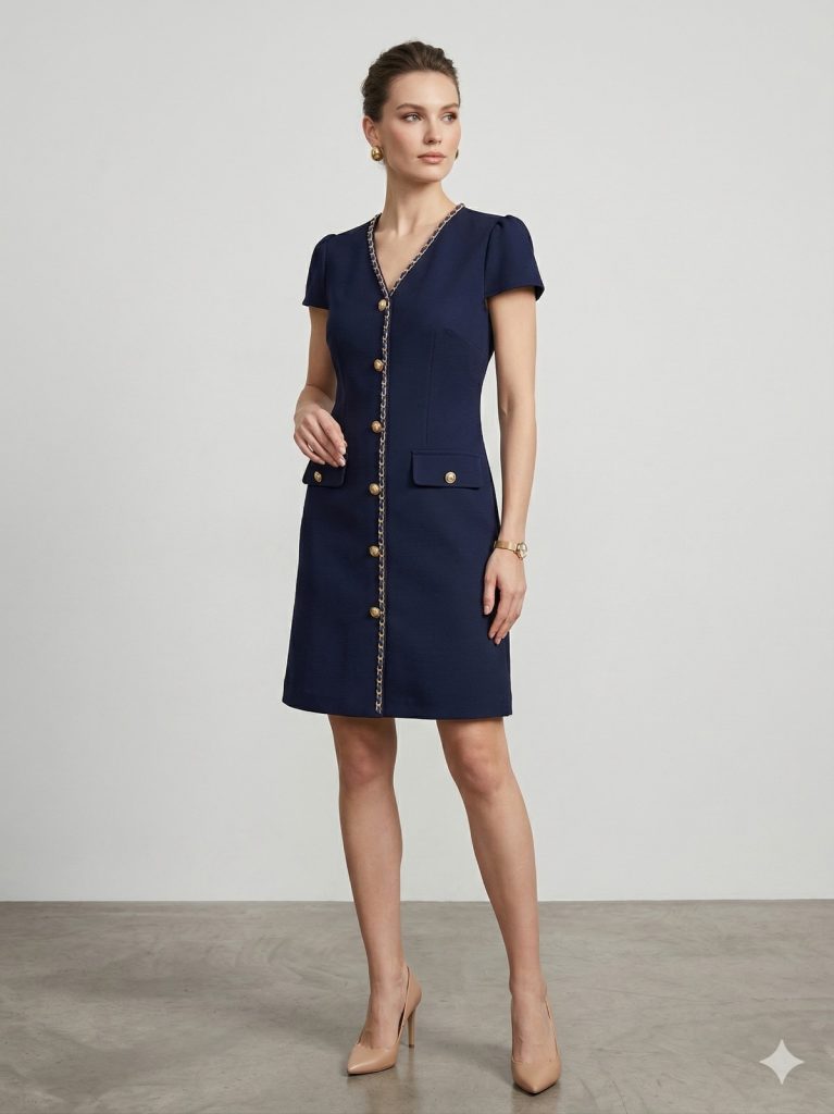 EKOL Metal Aksesuar Detaylı Elbise  6102 - Lacivert