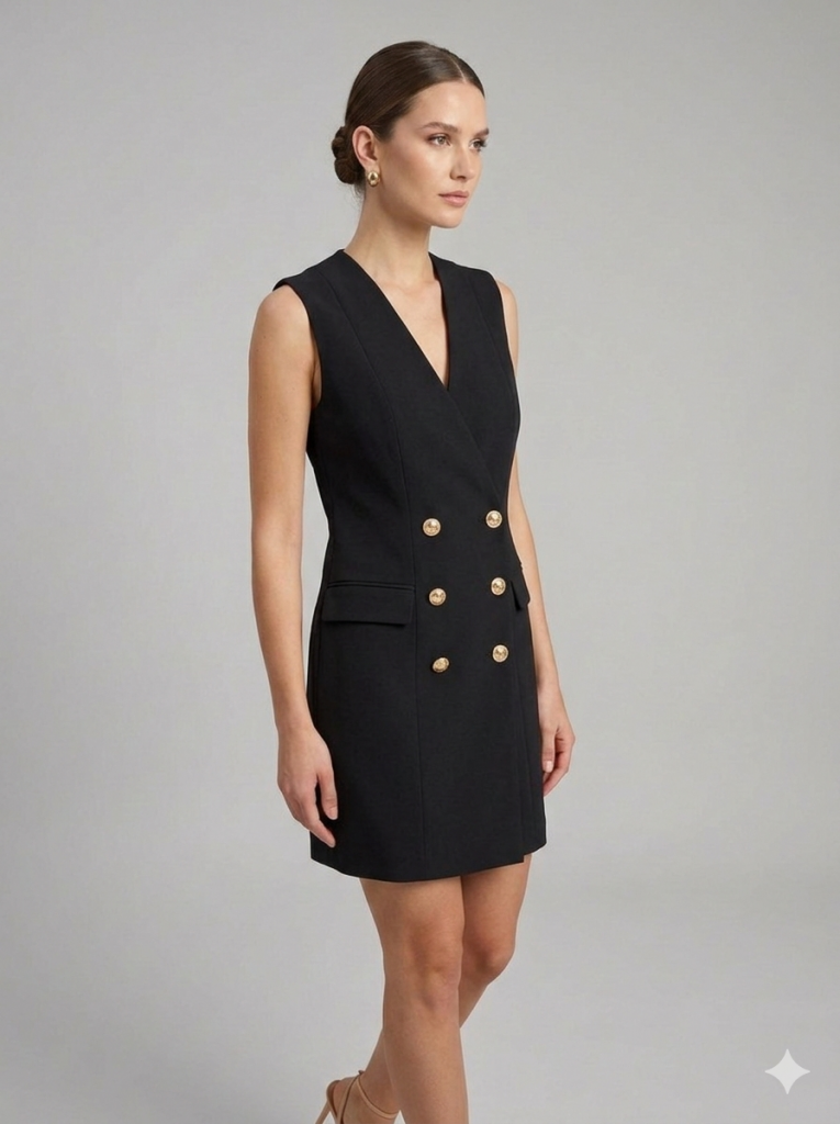 EKOL Önü Süs Düğmeli Elbise 6110 - Siyah