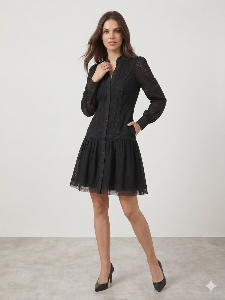 EKOL Kendinden İşlemeli Elbise 6130 - Siyah