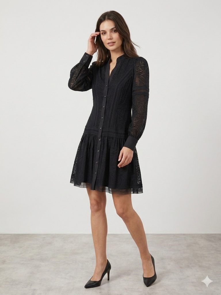 EKOL Kendinden İşlemeli Elbise 6130 - Siyah