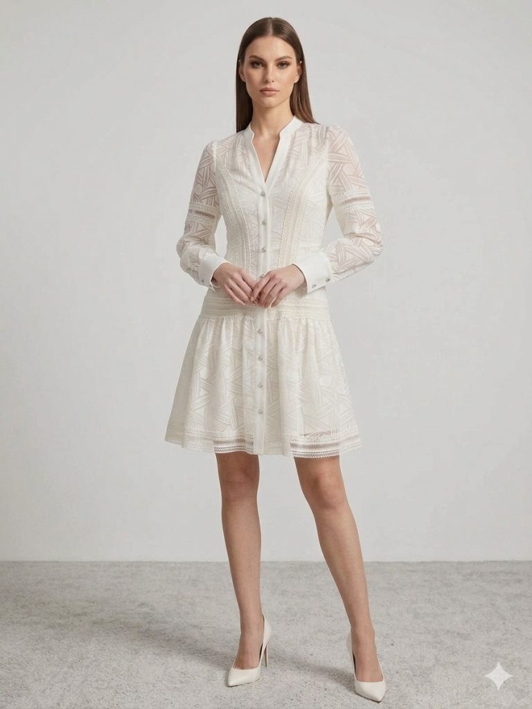 EKOL Kendinden İşlemeli Elbise 6130 - EKRU