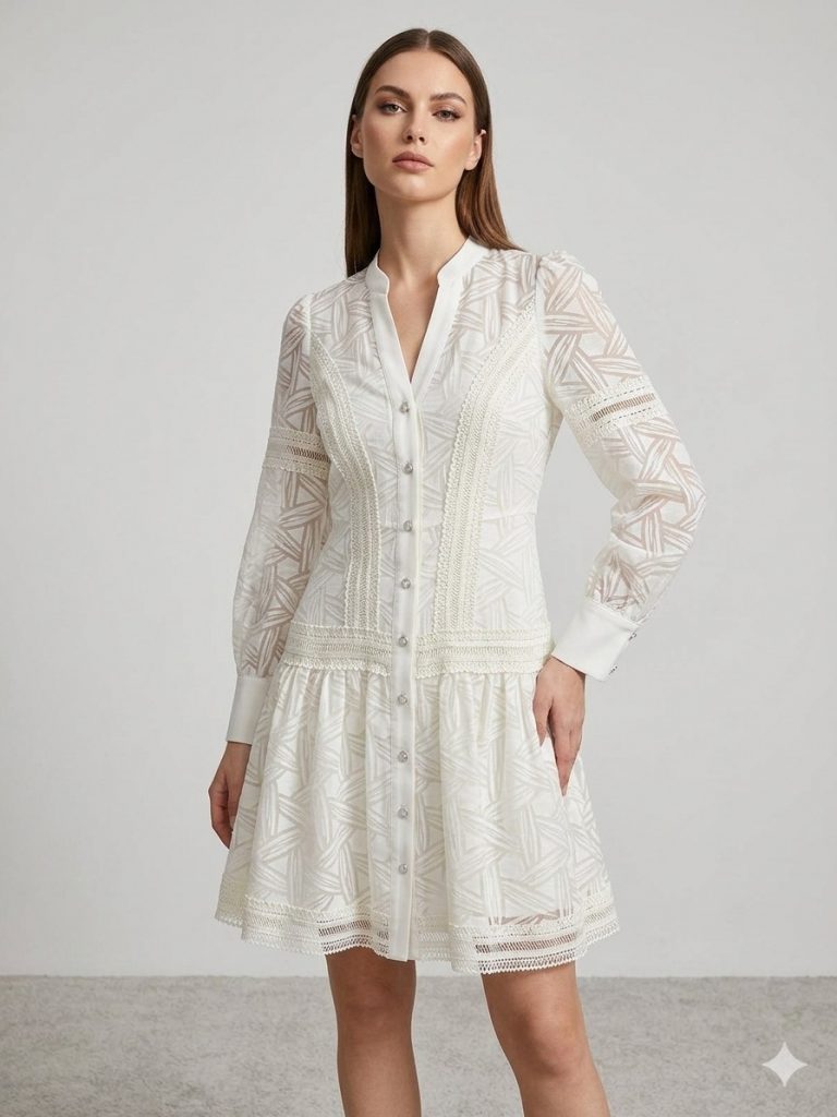 EKOL Kendinden İşlemeli Elbise 6130 - EKRU