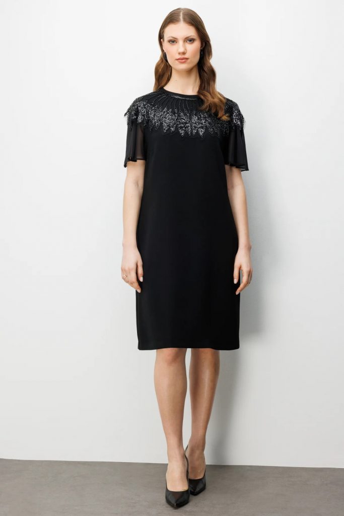 EKOL  Taş Nakışlı Midi Elbise 6502 - Siyah