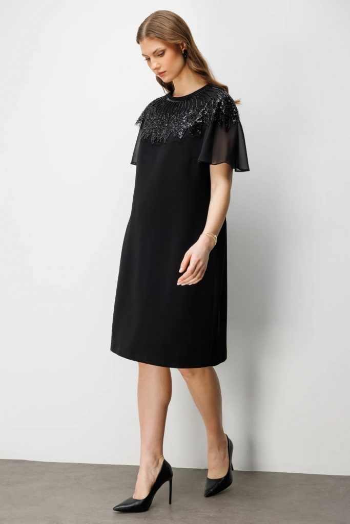 EKOL  Taş Nakışlı Midi Elbise 6502 - Siyah