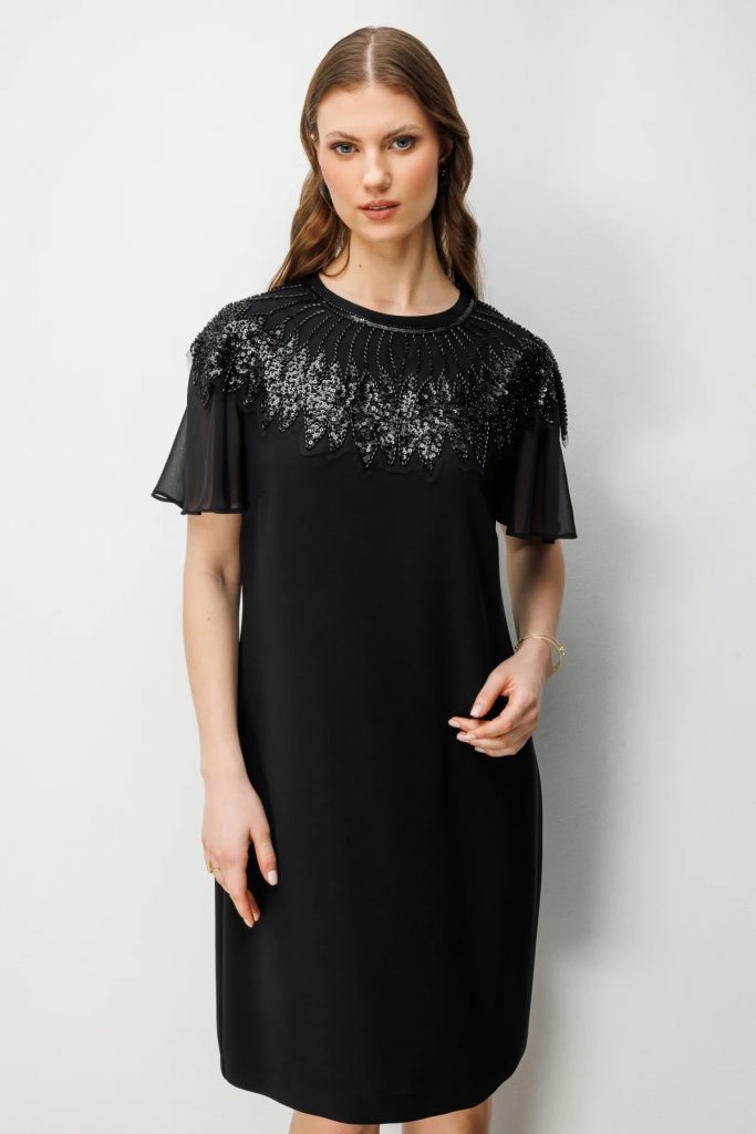 EKOL  Taş Nakışlı Midi Elbise 6502 - Siyah