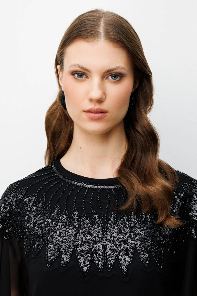 EKOL  Taş Nakışlı Midi Elbise 6502 - Siyah