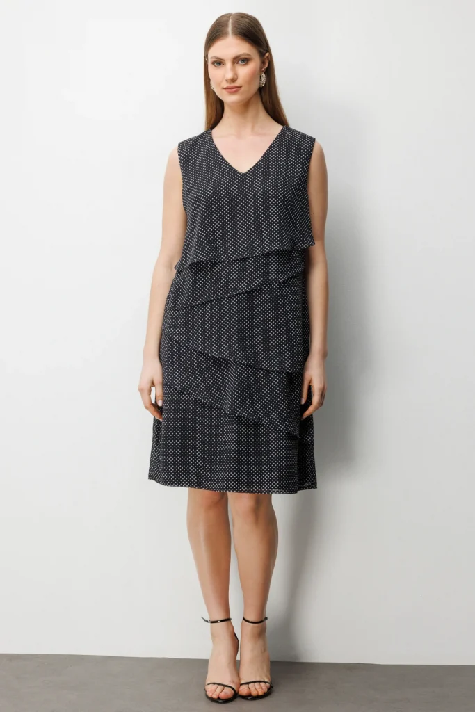 EKOL  V Yaka Puantiyeli Elbise 6508 - Siyah