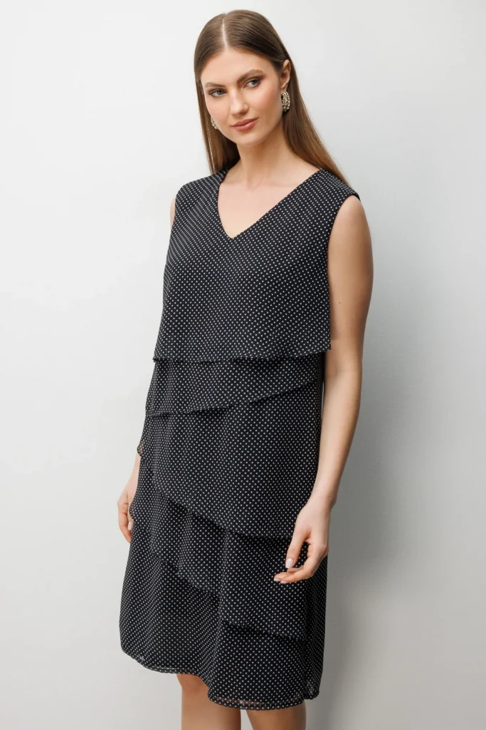 EKOL  V Yaka Puantiyeli Elbise 6508 - Siyah