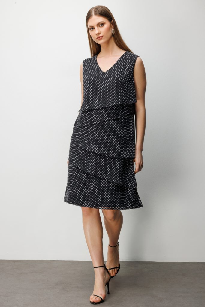 EKOL  V Yaka Puantiyeli Elbise 6508 - Siyah