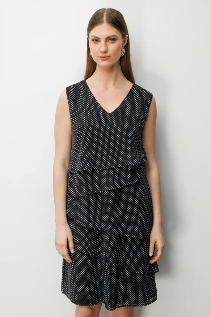 EKOL  V Yaka Puantiyeli Elbise 6508 - Siyah