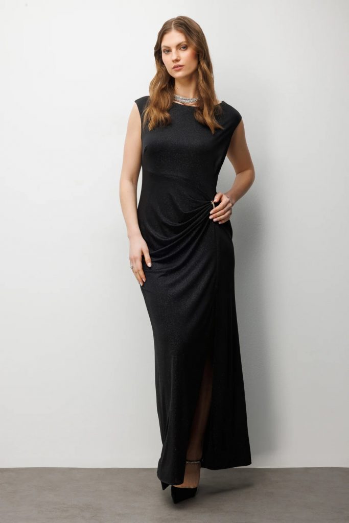 EKOL Yırtmaç Detaylı Simli Elbise  6592 - Siyah