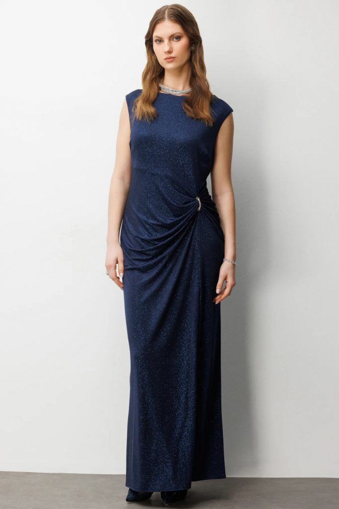 EKOL Yırtmaç Detaylı Simli Elbise  6592 - Lacivert