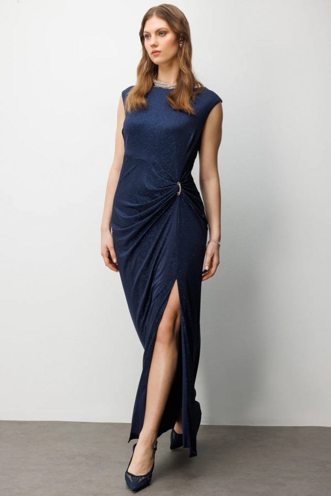 EKOL Yırtmaç Detaylı Simli Elbise  6592 - Lacivert