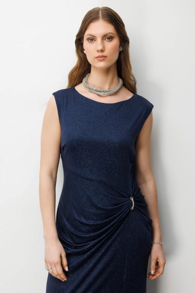 EKOL Yırtmaç Detaylı Simli Elbise  6592 - Lacivert