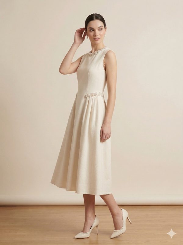 EKOL Beli Ve Yakası İncili Elbise 6908