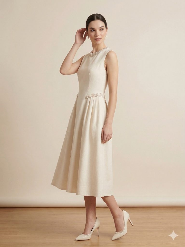 EKOL Beli Ve Yakası İncili Elbise 6908 - EKRU