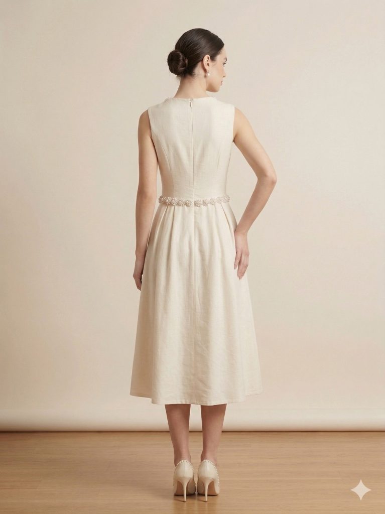 EKOL Beli Ve Yakası İncili Elbise 6908 - EKRU