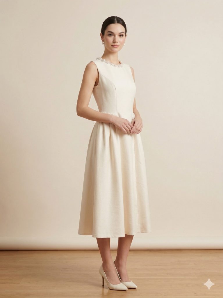 EKOL Beli Ve Yakası İncili Elbise 6908 - EKRU