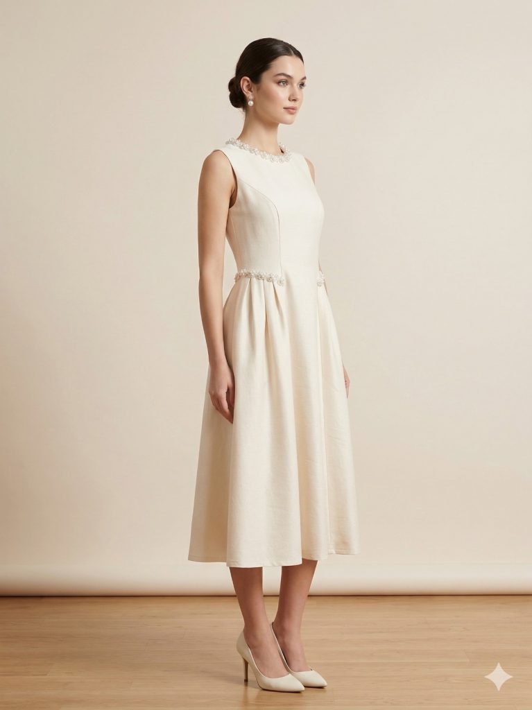 EKOL Beli Ve Yakası İncili Elbise 6908 - EKRU