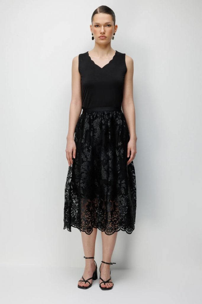 EKOL Çiçek Nakışlı Midi Etek 3922 - Siyah