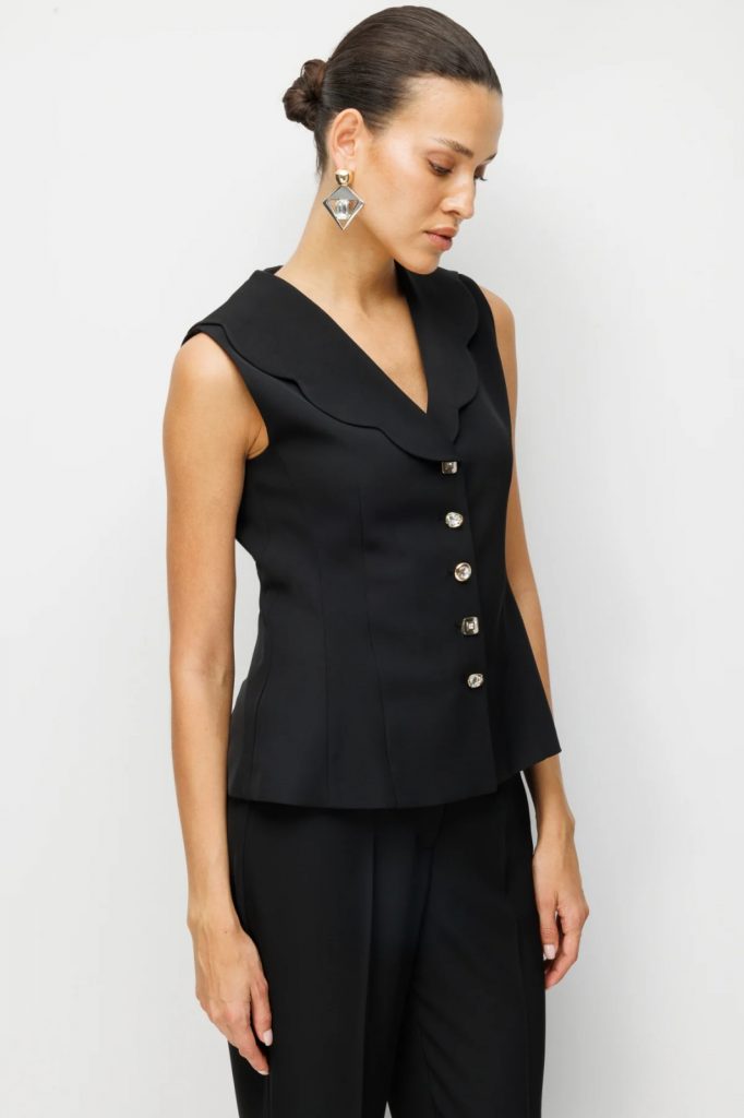 EKOL Taşlı Metal Düğmeli Dikiş Detaylı Yelek 1134 - Siyah