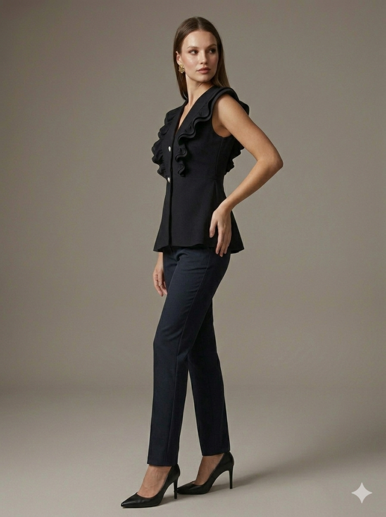 EKOL Kalp Düğmeli Önü Fırfırlı Yelek 1152 - Siyah