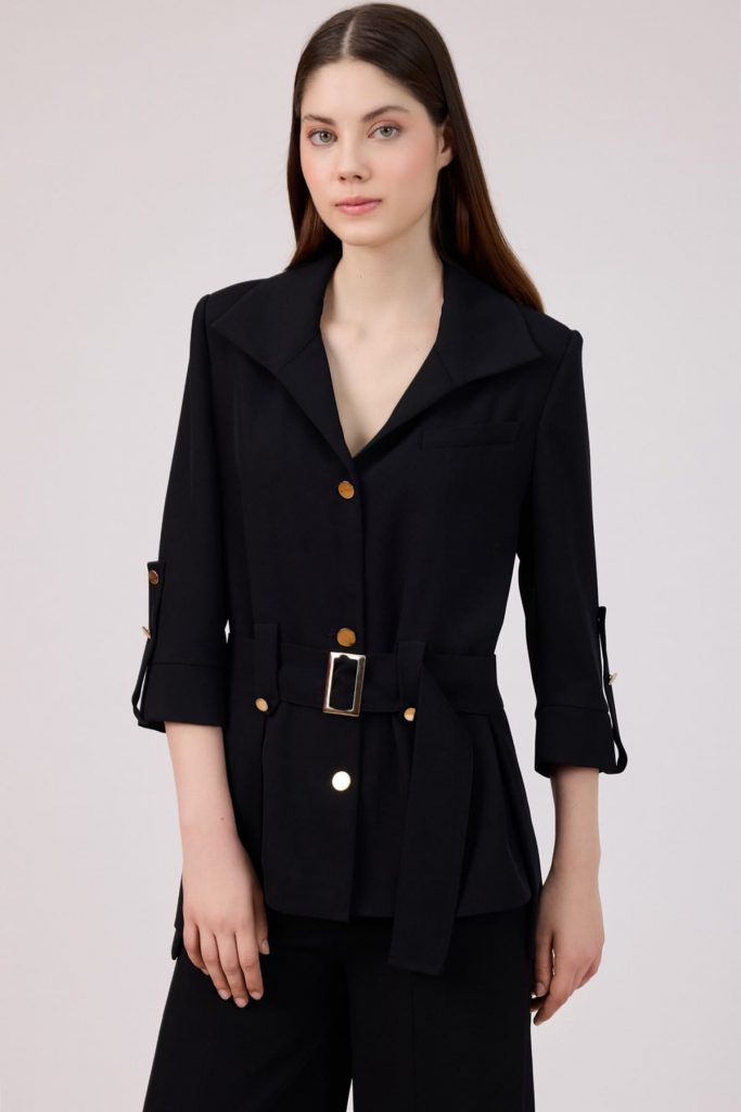 FEVER Cep Detaylı Kemerli Ceket 11003 - Siyah