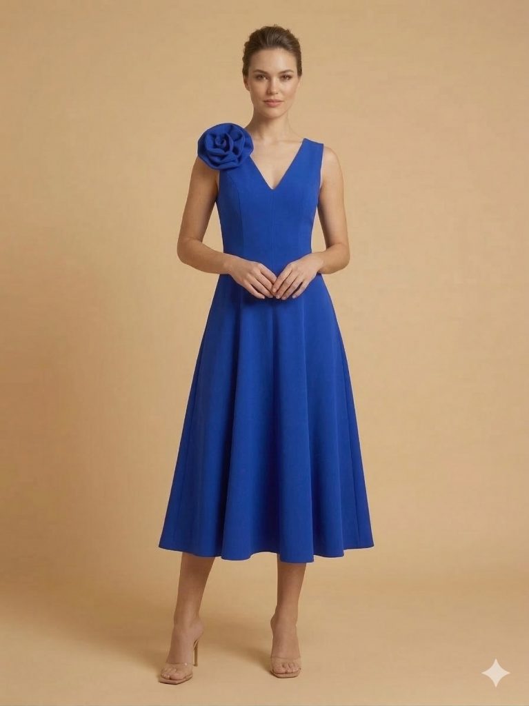 FEVER Gül Detaylı V Yaka  Elbise 16086 - SAKS