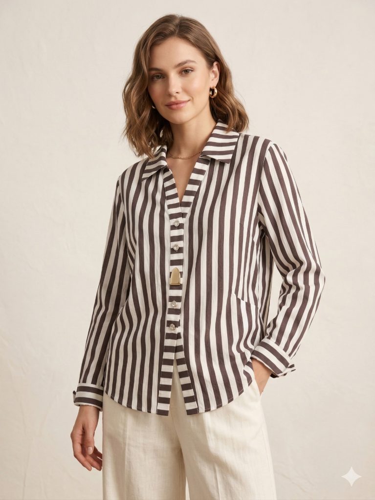 FEVER Çizgili V Yaka Düğmeli Kadın Gömlek 17010 - kahve