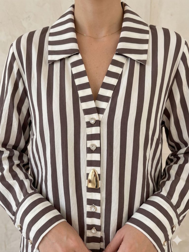 FEVER Çizgili V Yaka Düğmeli Kadın Gömlek 17010