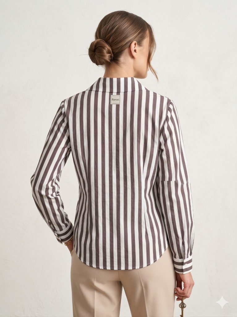 FEVER Çizgili V Yaka Düğmeli Kadın Gömlek 17010 - kahve