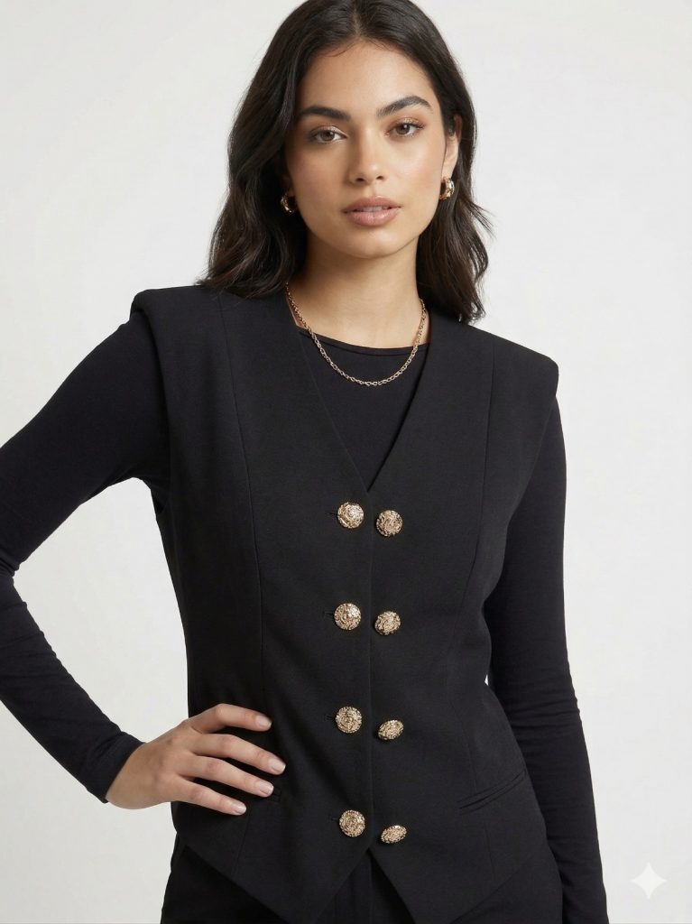 FEVER Vatkalı ve Gold Düğme Detaylı Kadın Yelek 15014 - Siyah