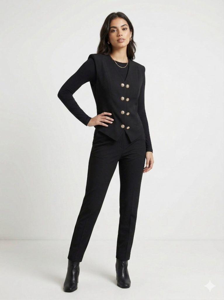 FEVER Vatkalı ve Gold Düğme Detaylı Kadın Yelek 15014 - Siyah